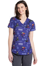 Tooniforms Women's 2-Pocket V-Neck Stylized Hem Holiday Print Top