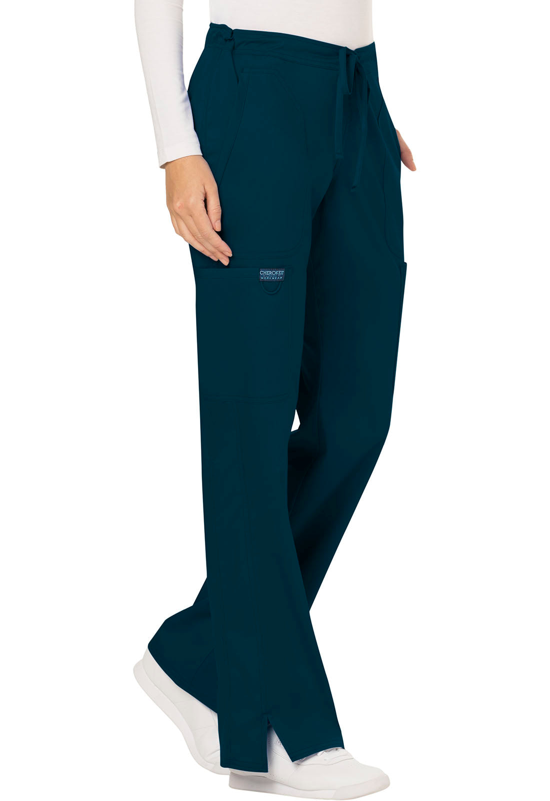 Cherokee Workwear Revolution Women's 5-Pocket Petite Mid Rise Moderate Flare Drawstring Pant