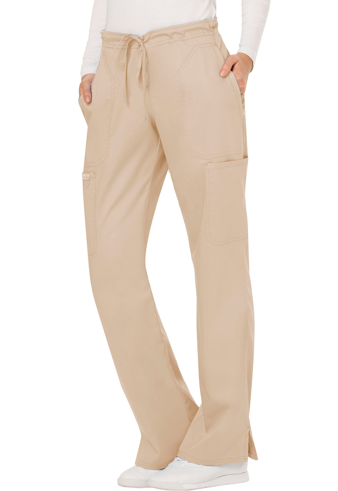 Cherokee Workwear Revolution Women's 5-Pocket Petite Mid Rise Moderate Flare Drawstring Pant