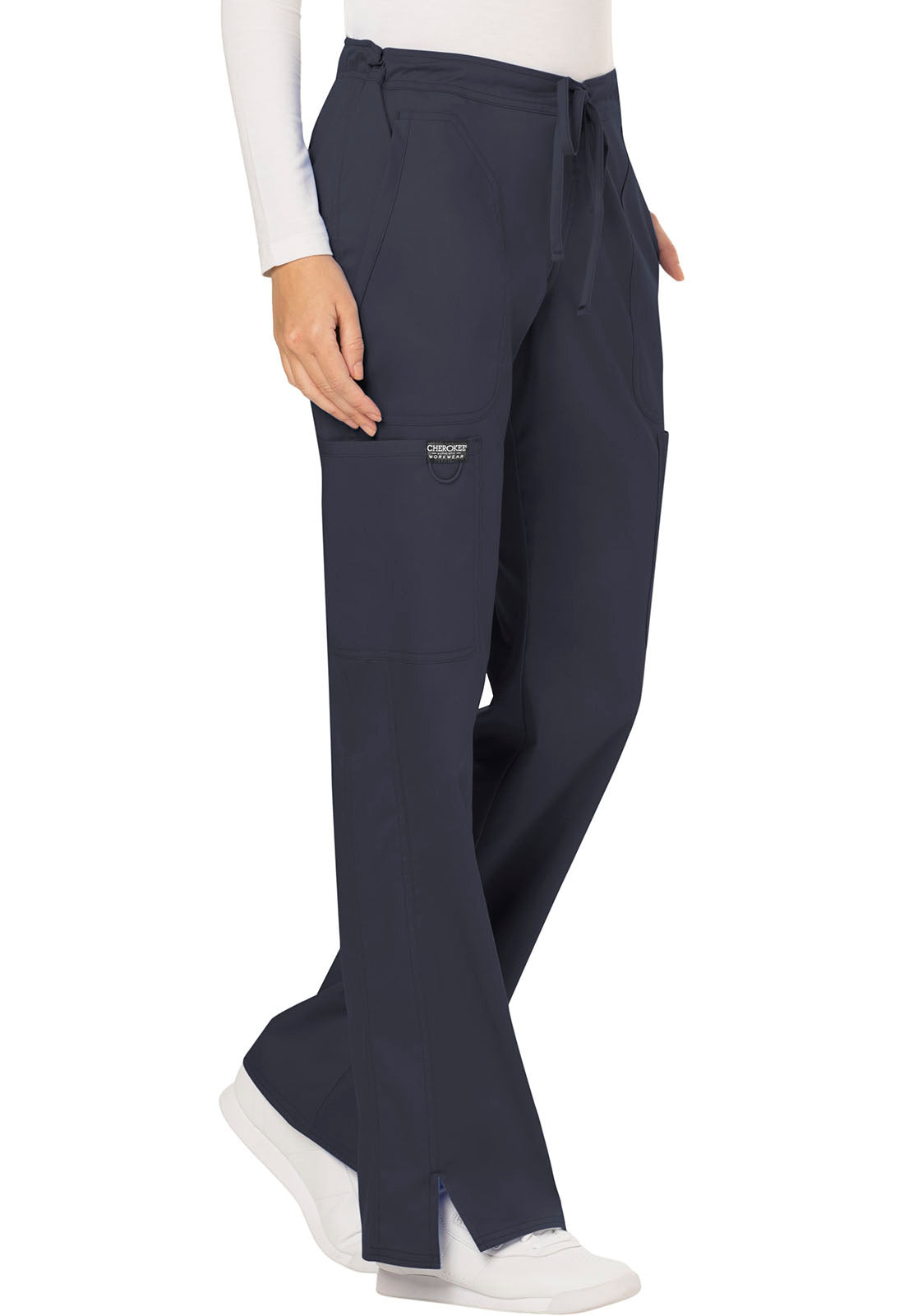 Cherokee Workwear Revolution Women's 5-Pocket Petite Mid Rise Moderate Flare Drawstring Pant