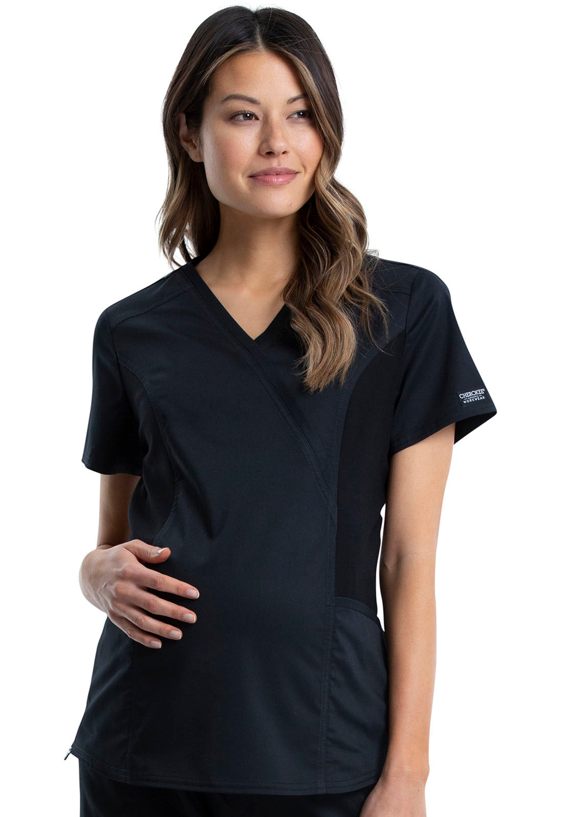 Cherokee Workwear Revolution Women's 2-Pocket Maternity Mock Wrap Top