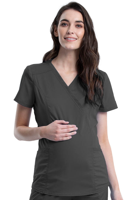 Cherokee Workwear Revolution Women's 2-Pocket Maternity Mock Wrap Top