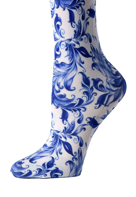 Cutieful Blue Watercolor Flowers Print Sheer Knee High Compression Socks 8-15 mmHg