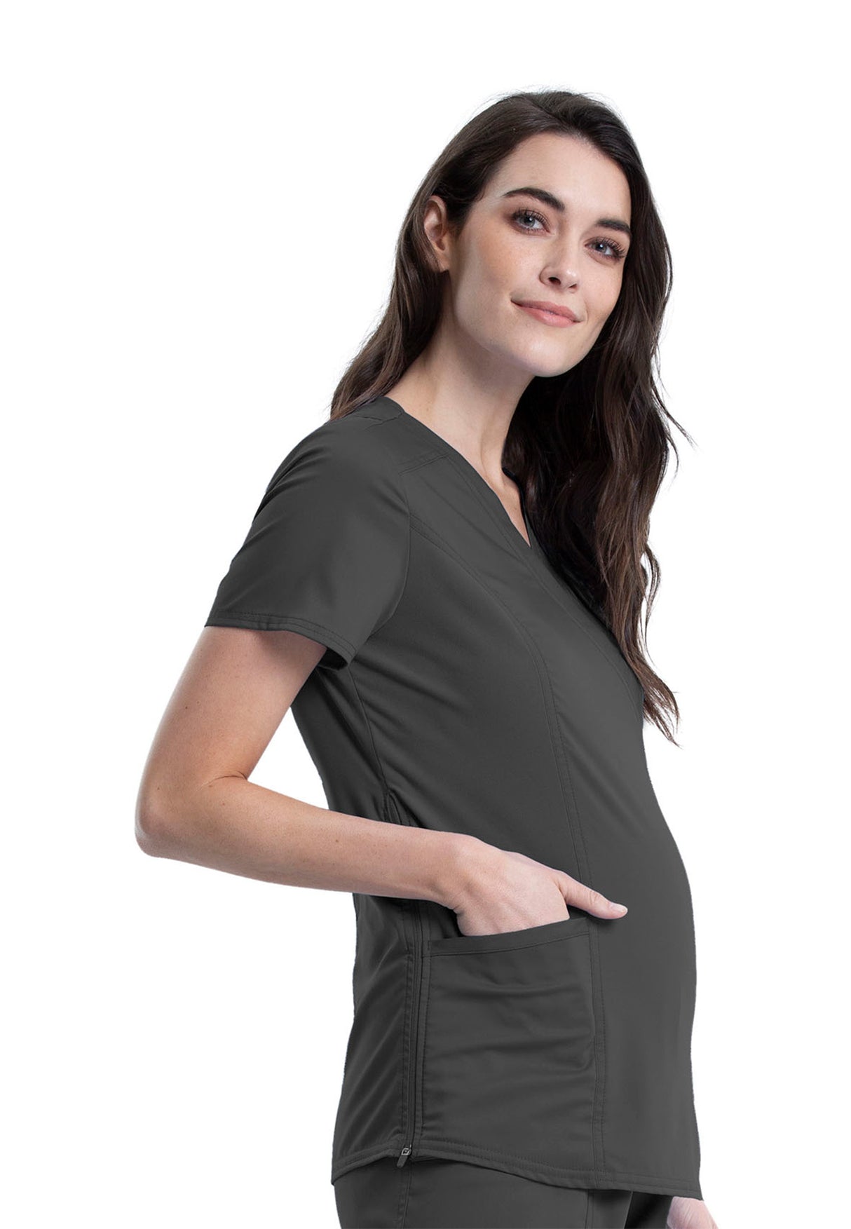 Cherokee Workwear Revolution Women's 2-Pocket Maternity Mock Wrap Top