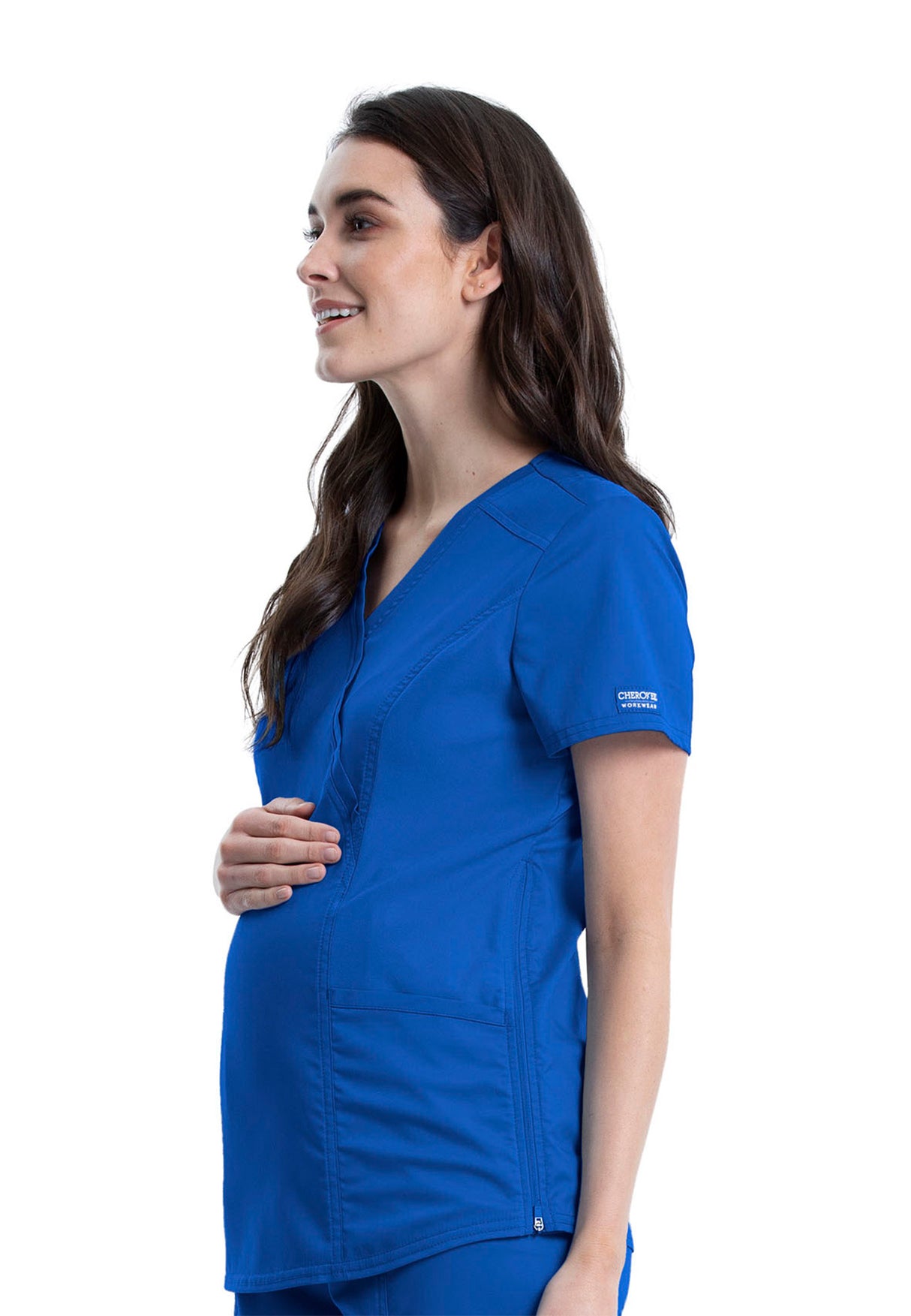 Cherokee Workwear Revolution Women's 2-Pocket Maternity Mock Wrap Top